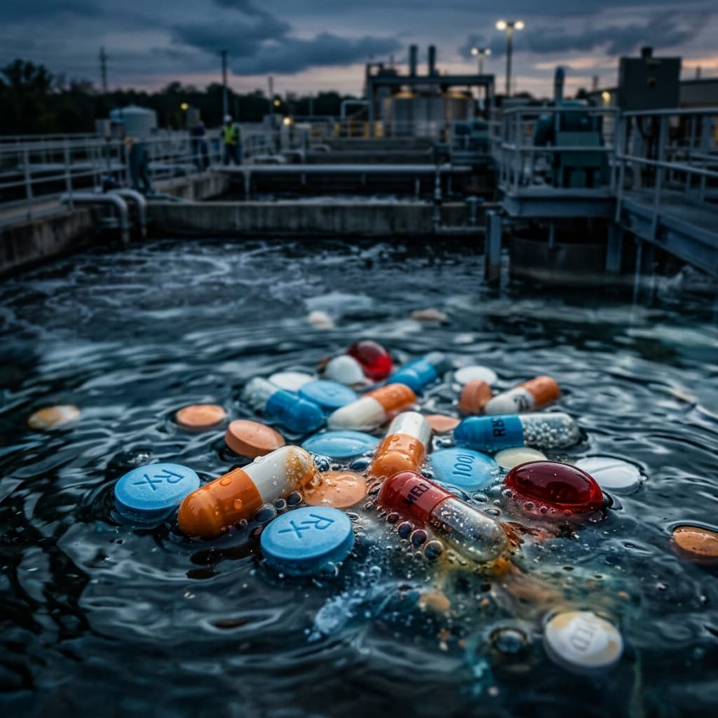 Prescription medication pills and capsules partially submerged in water against a blurred wastewater treatment background, representing pharmaceutical compounds entering residential wastewater systems.