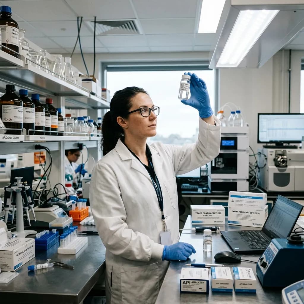 A scientist in a laboratory holding a clear water sample vial up to light, with water testing equipment visible in the background.