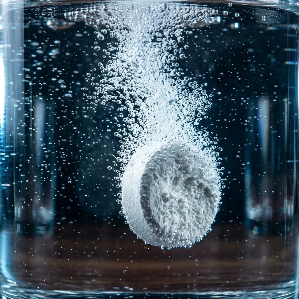 A biological treatment tablet dissolving in water, releasing oxygen micro-bubbles.