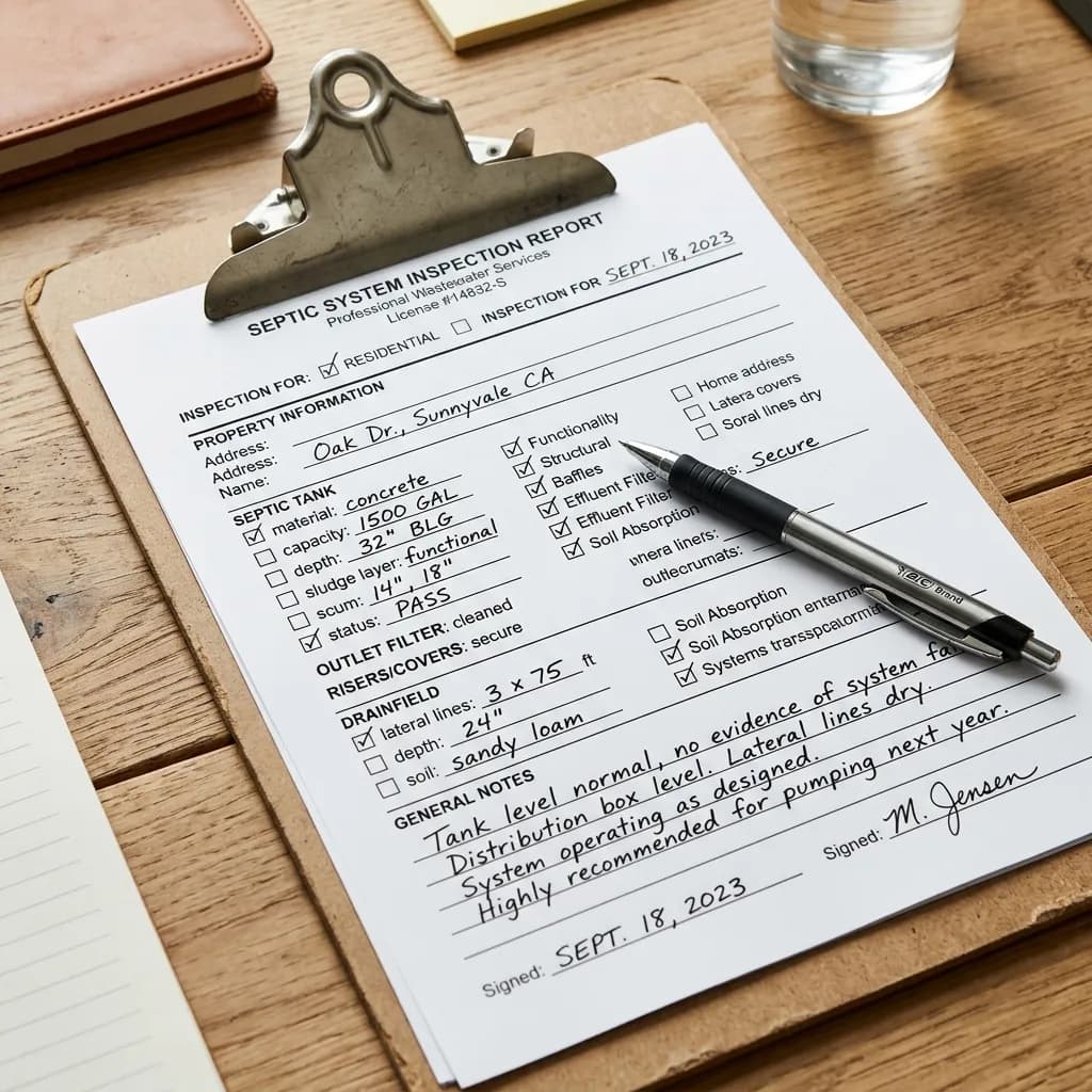 A close-up of a professional septic system inspection report on a clipboard with checkboxes and measurements filled in.