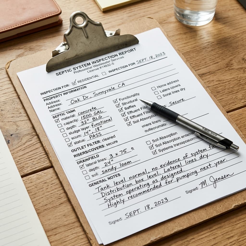 A close-up of a professional septic system inspection report on a clipboard with checkboxes and measurements filled in.