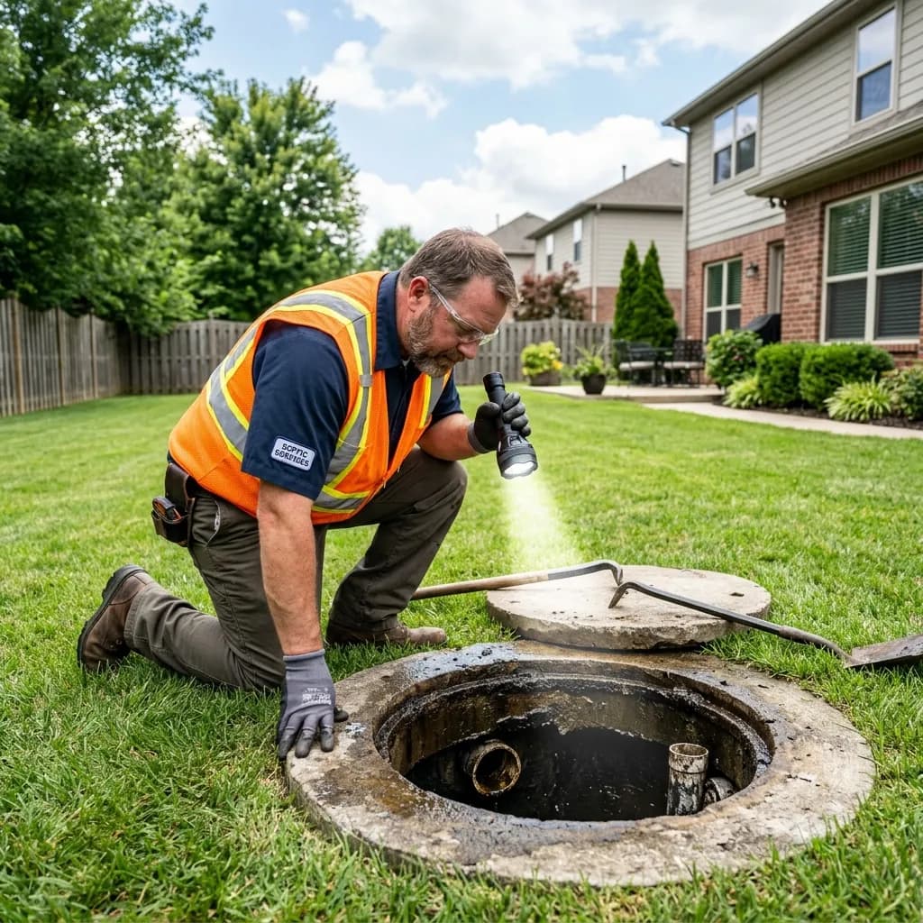 A certified septic inspector kneeling beside an open septic tank access port in a suburban backyard, using a flashlight to inspect the interior components.