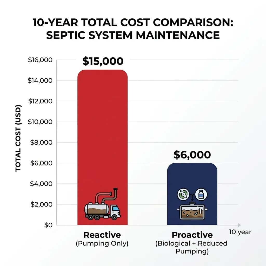 A bar chart illustrating the cumulative 10-year cost of reactive septic pumping versus proactive biological maintenance.