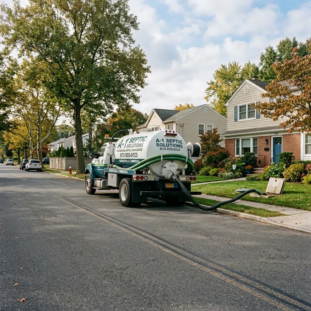 A professional septic vacuum truck servicing a suburban residential property.