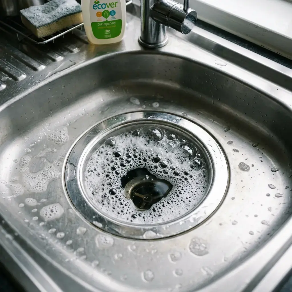 A toilet bowl showing air bubbles rising from the water, indicating back-pressure from a saturated septic system.