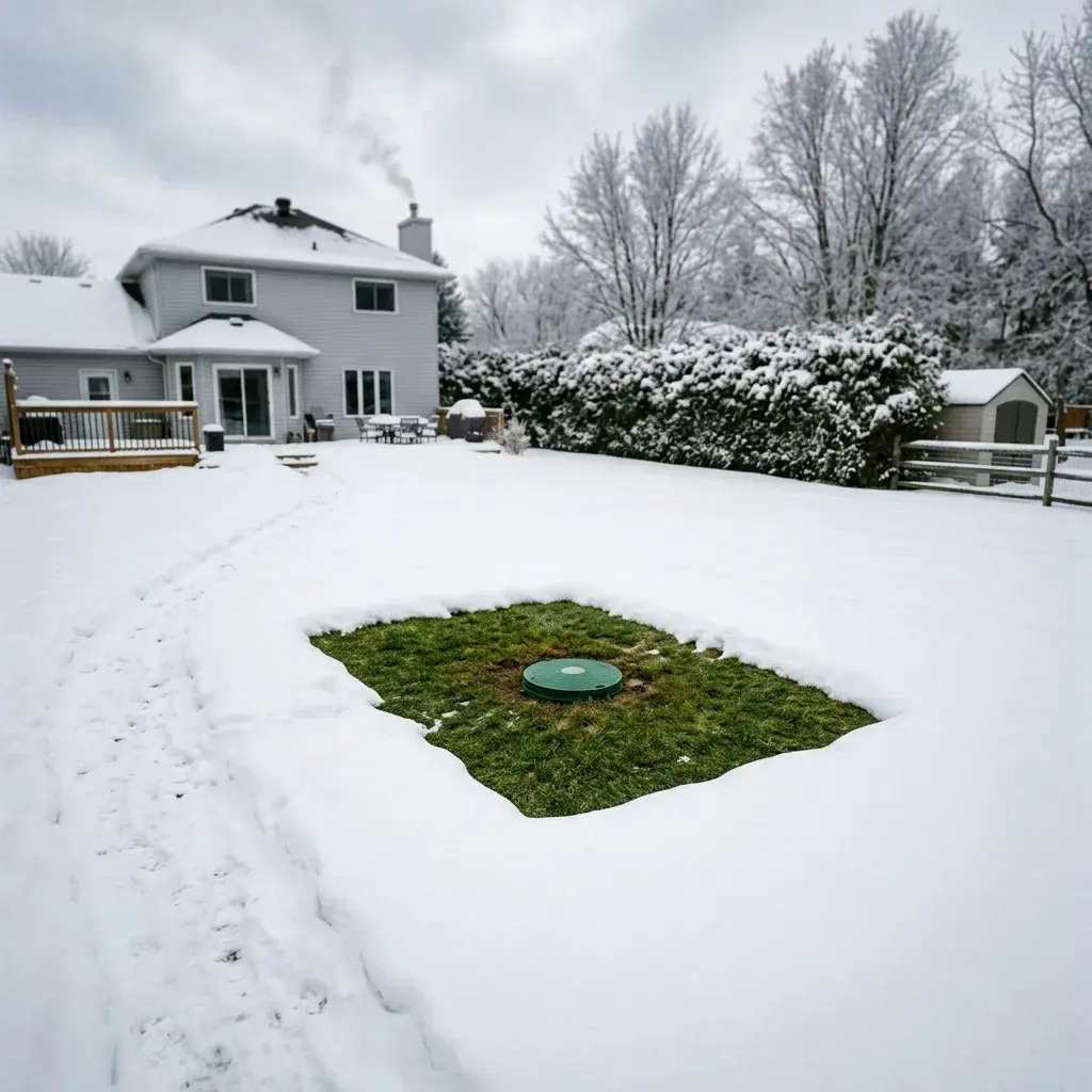 A backyard in winter showing a distinct circular patch of melted snow directly above a buried septic tank while surrounding ground is snow-covered.