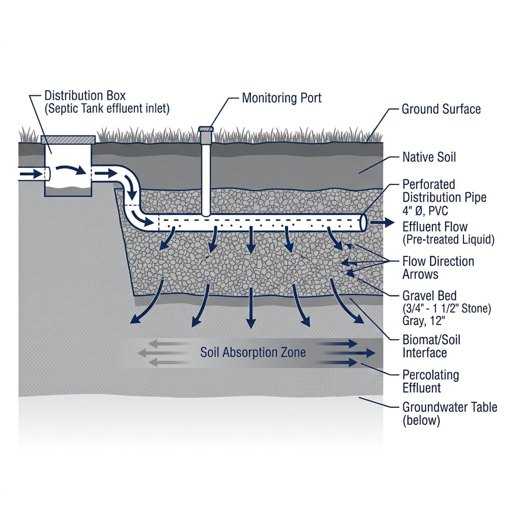A scientific cross-section diagram of soil layers beneath a drain field, showing gravel distribution trench, unsaturated zone, and groundwater table with percolation flow arrows.