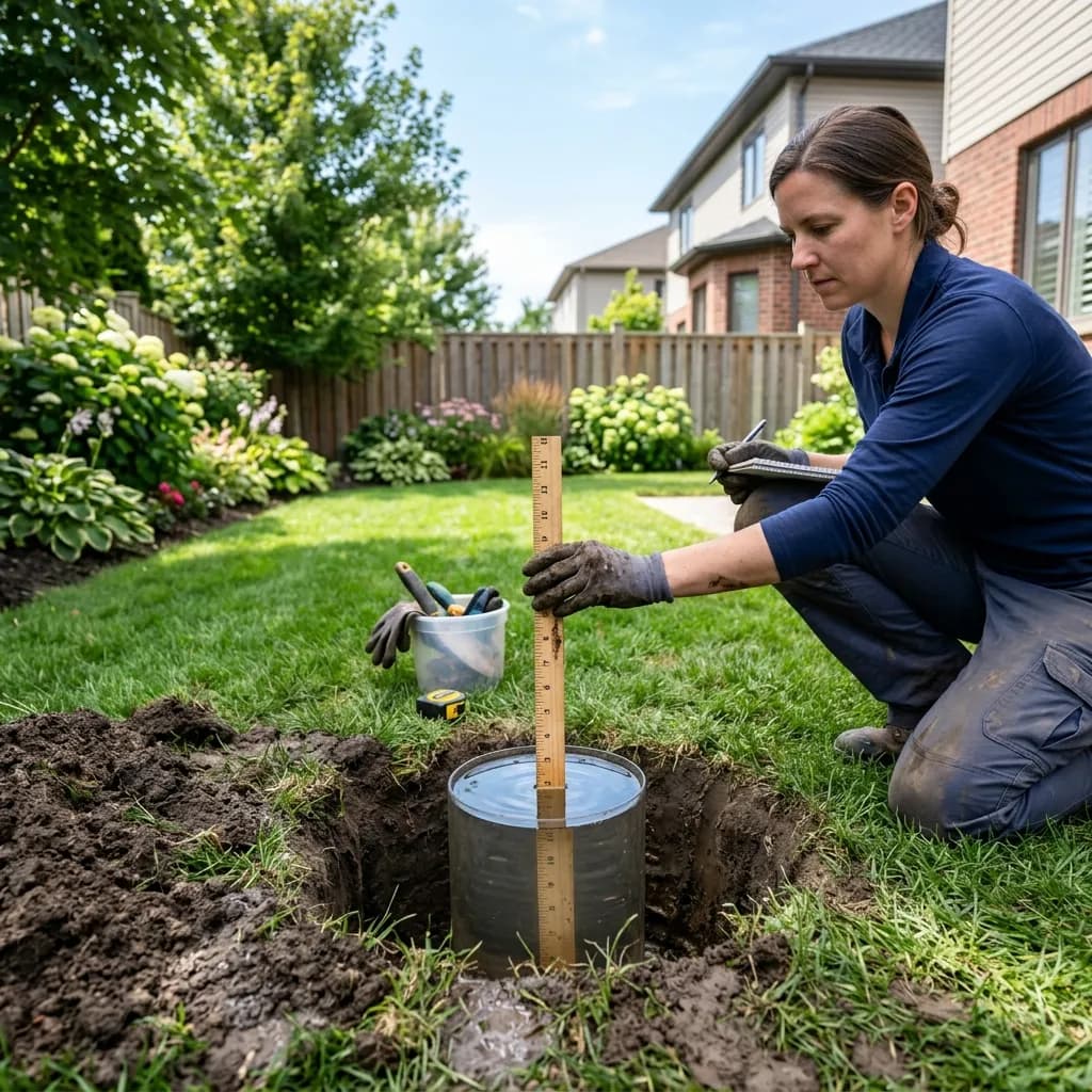 A soil percolation test being conducted in a suburban backyard: a cylindrical hole filled with water and a measuring ruler tracking the absorption rate.