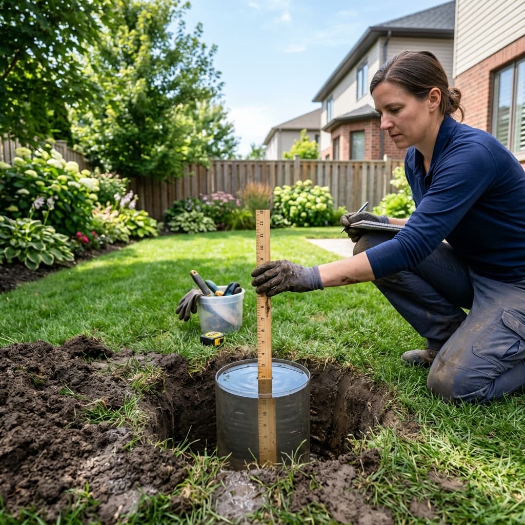 A soil percolation test being conducted in a suburban backyard: a cylindrical hole filled with water and a measuring ruler tracking the absorption rate.