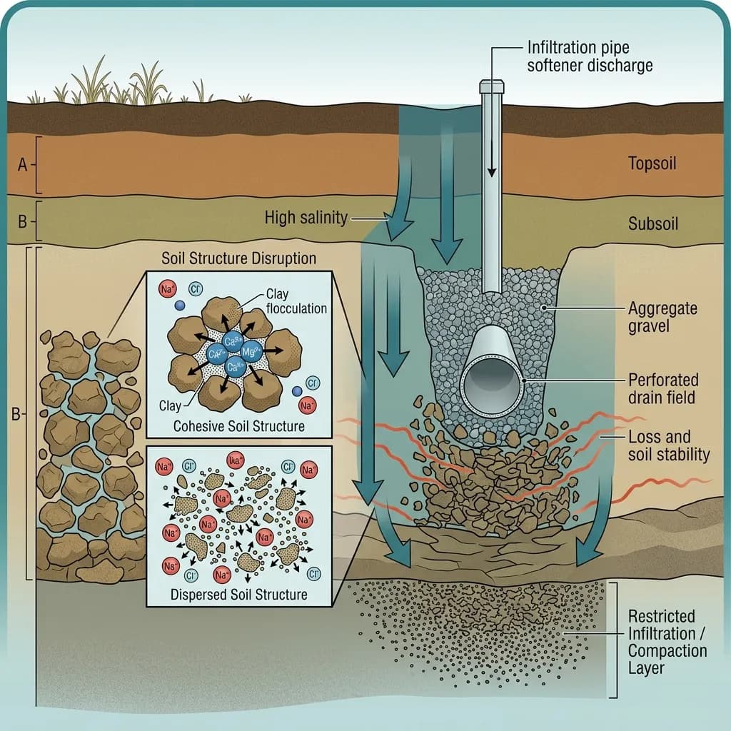 A scientific illustration showing salt and chloride ions from water softener brine discharge moving through soil layers around a septic drain field, disrupting soil structure.