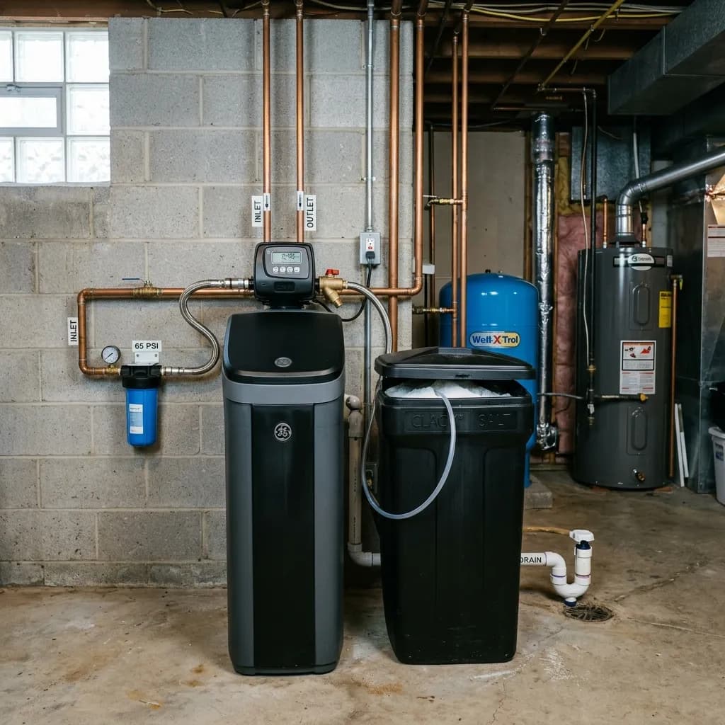 A modern residential water softener unit installed in a basement utility room alongside a salt brine tank, with plumbing connections visible.